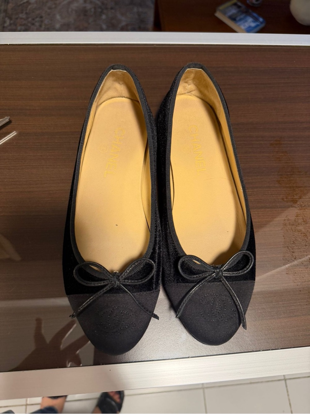 CHANEL Black Velvet Ballet Flats with Bow Trim
